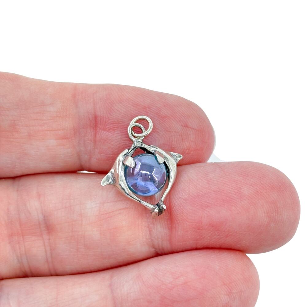 Vintage Sterling Silver 925 Iridescent Blue Glass Dolphin Pendant